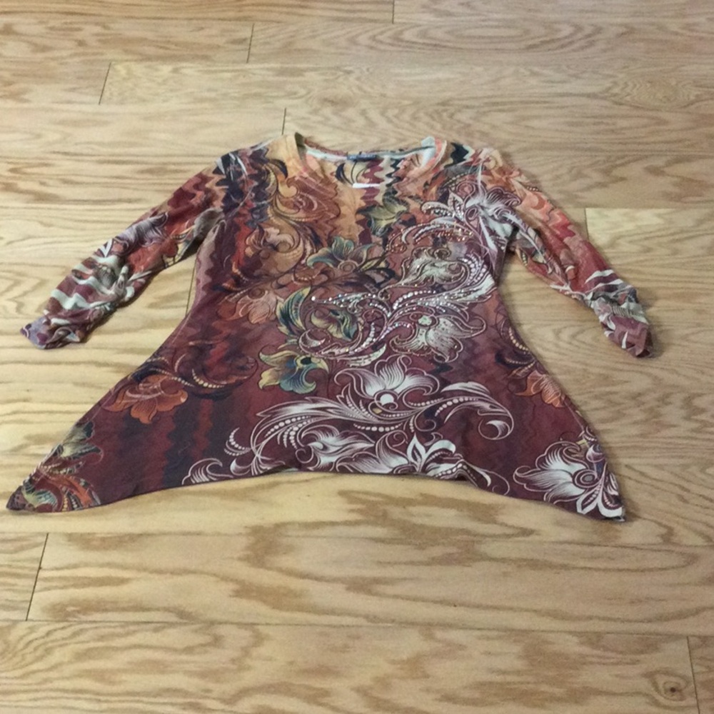 NWT L Roz & Ali Multicolor Floral-Print Long Sleeve Sharkbite Tunic - Rust - Picture 3 of 16